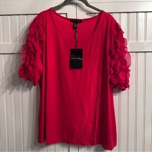 NWT A Love Story Racing Red Chiffon Ruffle Puff Statement Sleeve Knit Top